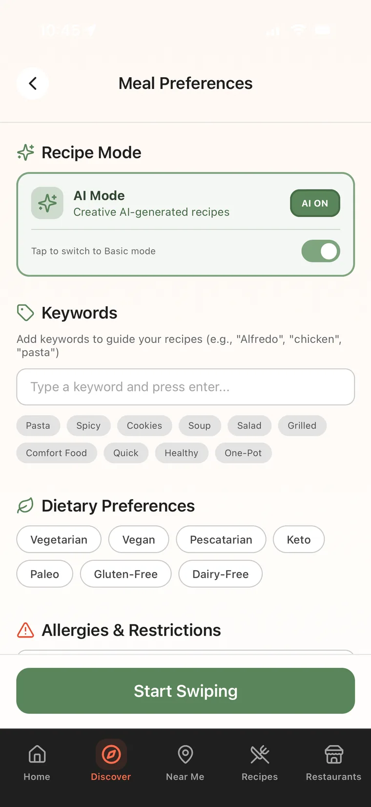 Preferences screen showing dietary restrictions and allergy settings