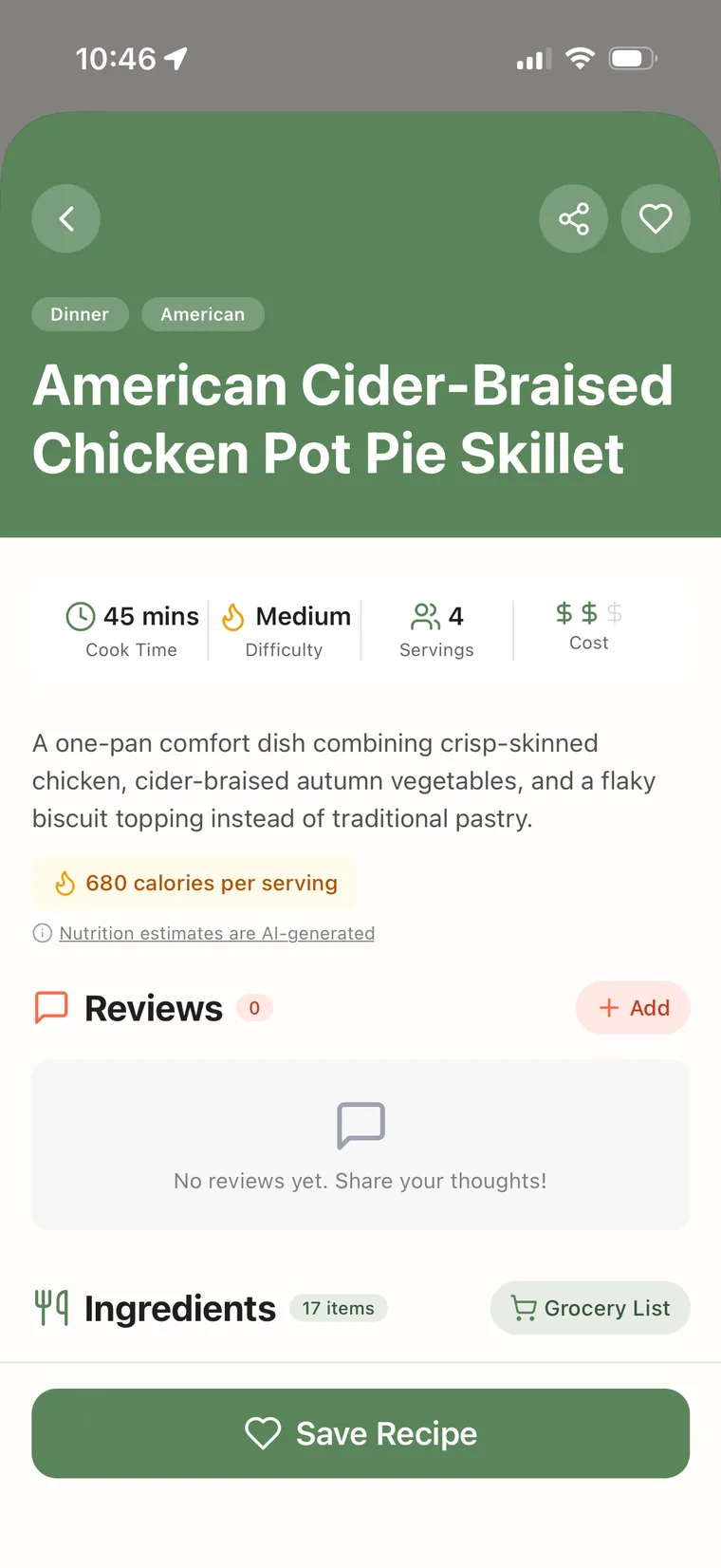 Recipe detail screen with ingredient checklist and grocery list button