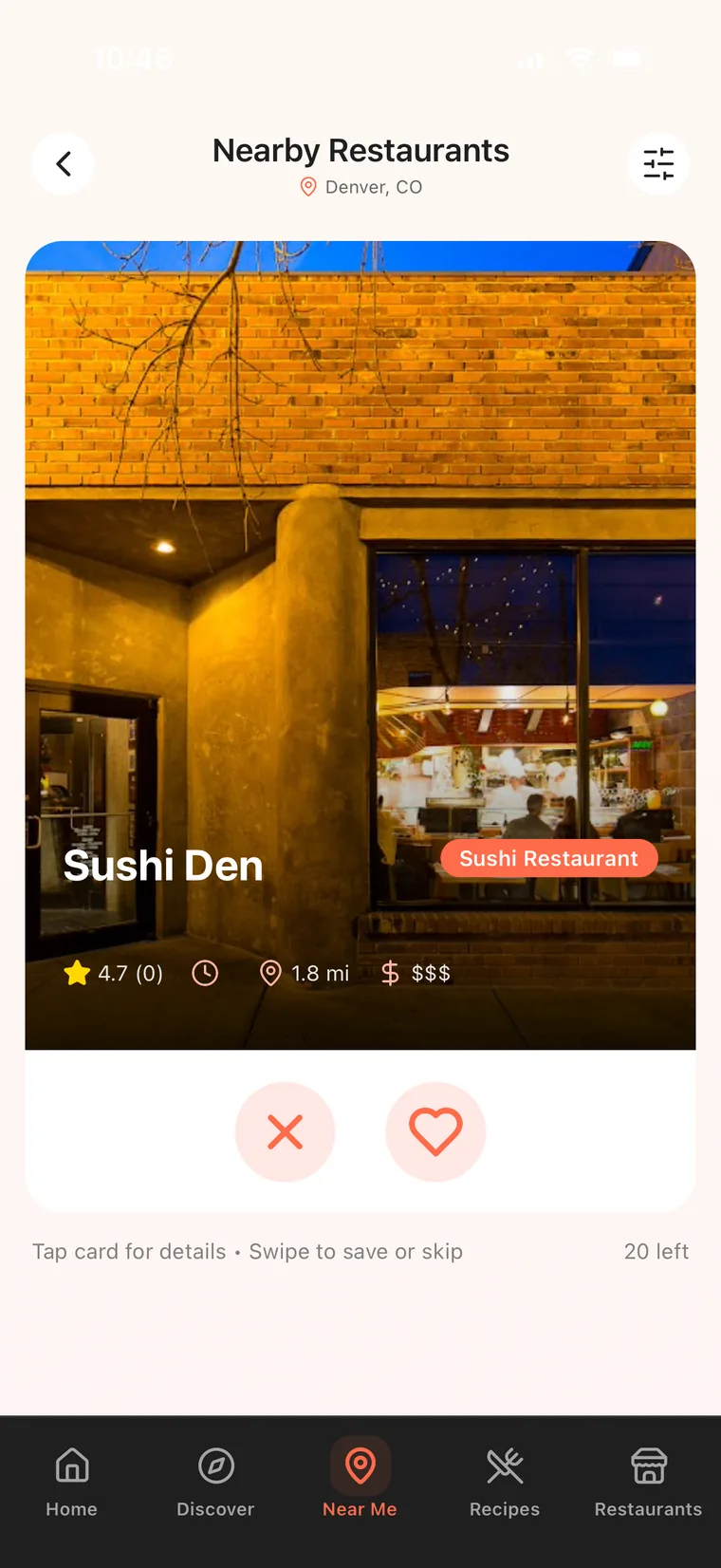 MealSwipe restaurant swipe card showing Sushi Den with rating and distance